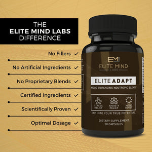 Elite Adapt is a combination of all-natural herbs, such as Ashwagandha and Rhodiola Rosea, and nootropics that will help you adapt to any stressors in your life. Manage your stress and anxiety while maximizing your mood and brain health. 