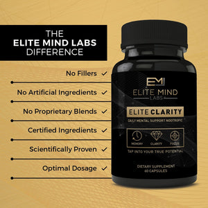 Elite Clarity helps you reach the next level of cognitive ability and overall brain health with just the right dosage of clinically studied all-natural nootropics. 